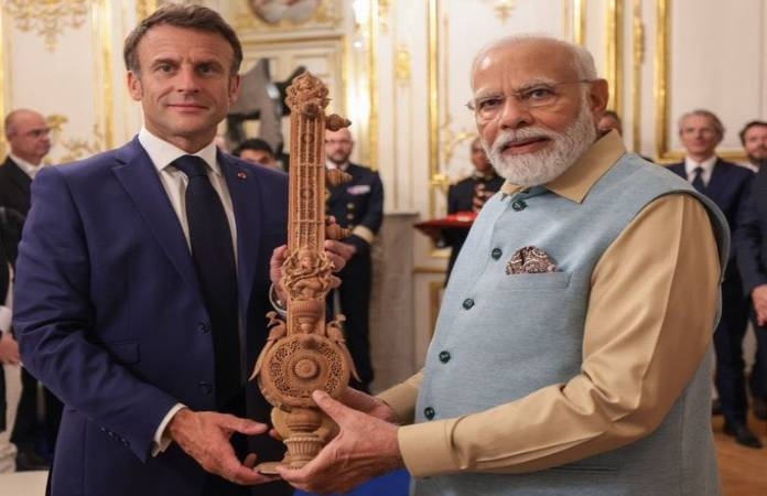 PM Narendra Modi gifts sandalwood sitar to Emmanuel Macron 