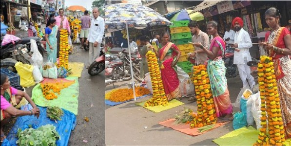 दसऱ्यानिमित्त वाड्यातील बाजारपेठा झेंडूच्या माळांनी फुलल्या; चांगला भाव मिळताच शेतकरी बनले विक्रेते
