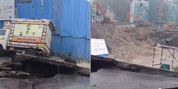 भांडूपमध्ये रस्ता खचला; ट्रक खड्ड्यात कोसळला, दोन झाडे उन्मळून पडली