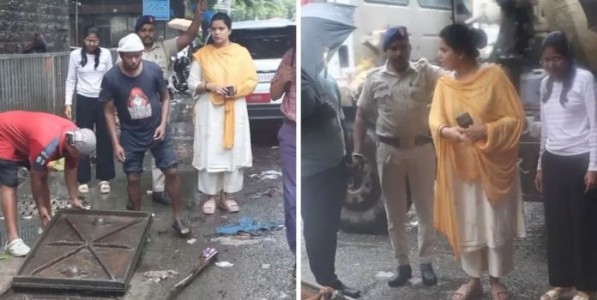 भांडुप पश्चिम येथे रस्ता खचला, महापौर  रितू तावडे यांनी घटनास्थळी केली पाहणी
